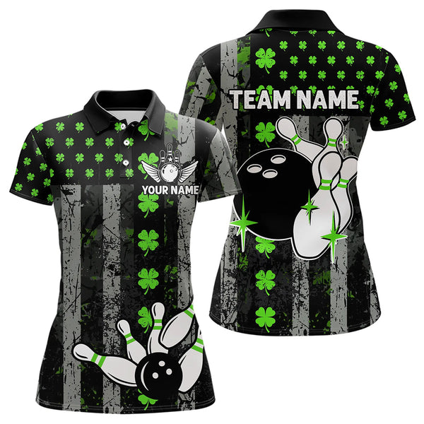 Green Shamrock Grunge US Flag Patriotic Bowling Shirts For Women Custom St Patrick Day Bowling Jersey TDM3545