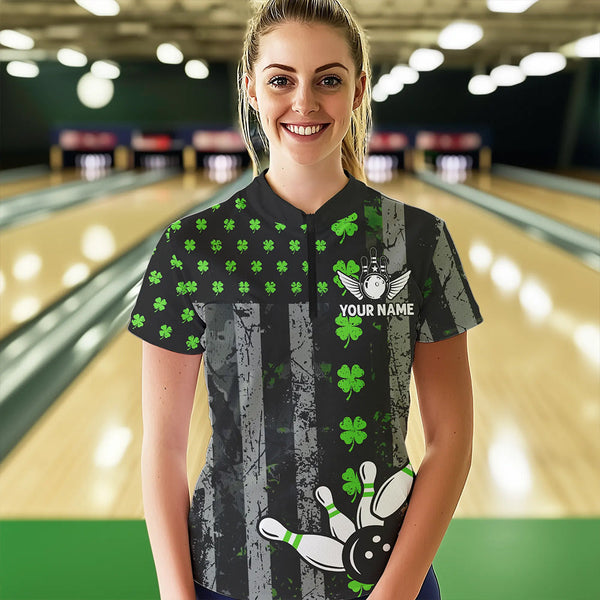 Green Shamrock Grunge US Flag Patriotic Bowling Shirts For Women Custom St Patrick Day Bowling Jersey TDM3545