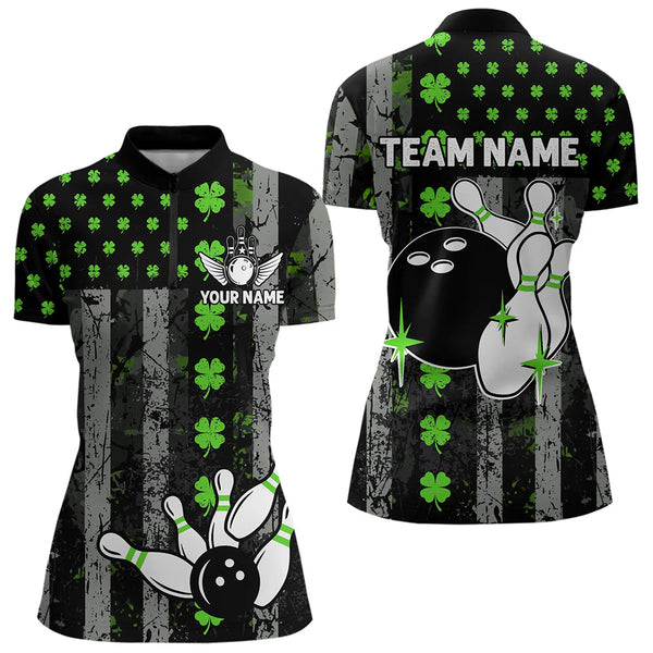 Green Shamrock Grunge US Flag Patriotic Bowling Shirts For Women Custom St Patrick Day Bowling Jersey TDM3545
