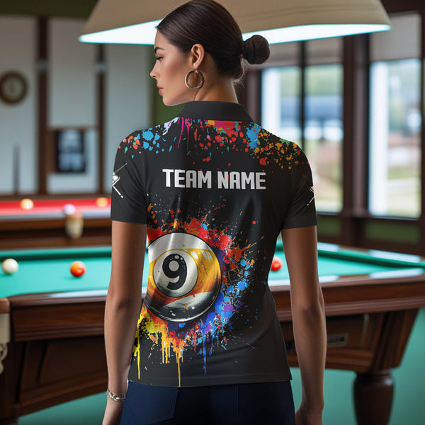 Funny 9 Ball Pool Colorful Paint Splash Custom Billiard Shirt For Women, Billiard Team Jersey | Black TDM3702