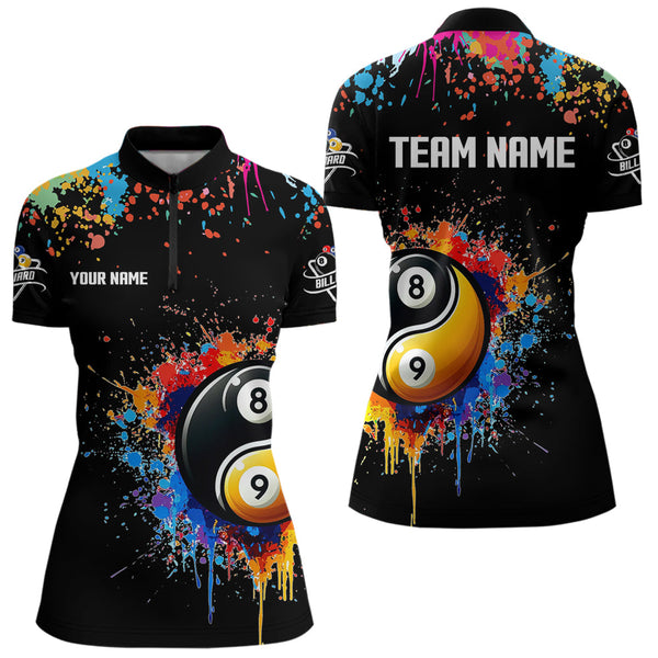 Funny Ying And Yang 8 Ball & 9 Ball Colorful Splash Custom Billiard Shirt For Women, Billiard Jersey  TDM3703
