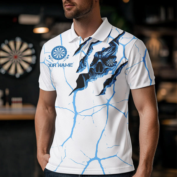 Personalized Skull White Blue Grunge Darts Polo & Quarter-Zip For Men Custom Dart Team Jerseys TDM3705