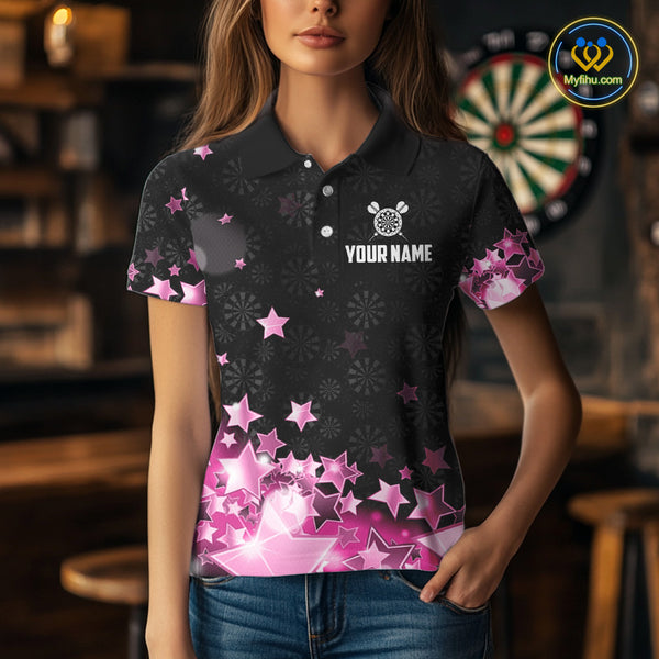 Funny Custom Dart Shirt For Women, Pink Black Glowing Star Pattern Darts Polo & Quarter Zip TDM3885