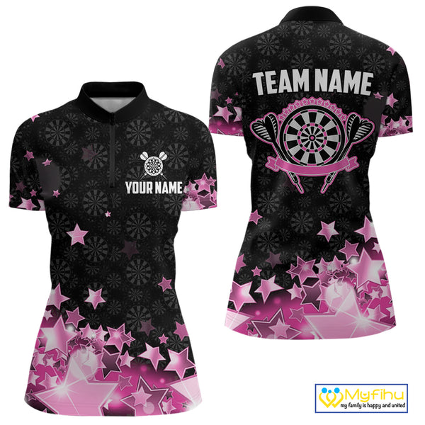 Funny Custom Dart Shirt For Women, Pink Black Glowing Star Pattern Darts Polo & Quarter Zip TDM3885