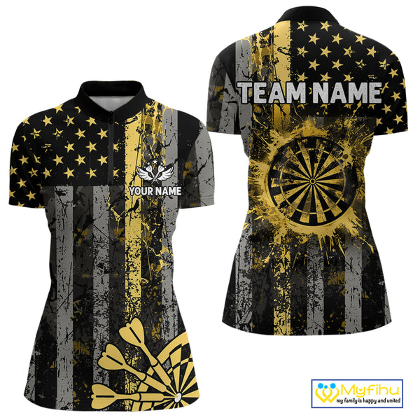 Custom Gold Grunge US Flag Patriotic Darts Shirt For Women, Retro Darts Board Darts Team Jerseys TDM3972