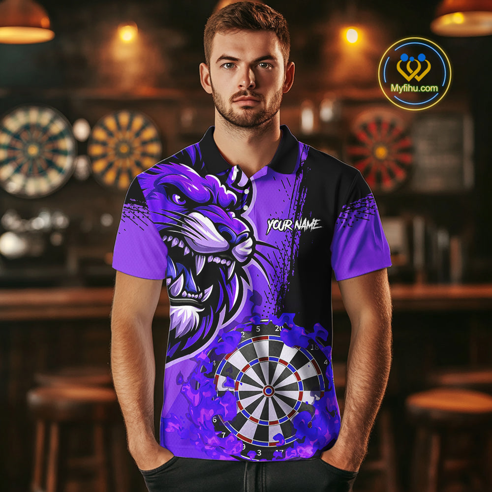 Purple Funny Darts Flame Lion Custom Polo & Quarter-Zip, Personalized Men Dart Shirts Dart Jerseys TDM3973