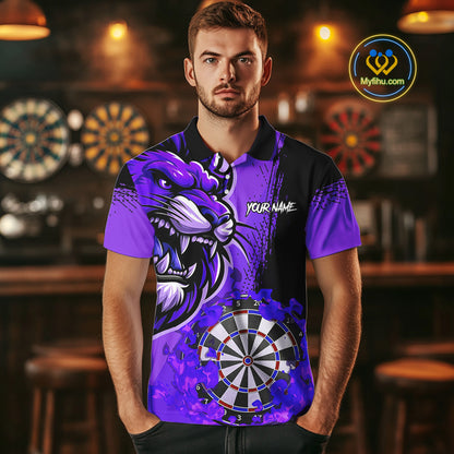 Purple Funny Darts Flame Lion Custom Polo & Quarter-Zip, Personalized Men Dart Shirts Dart Jerseys TDM3973
