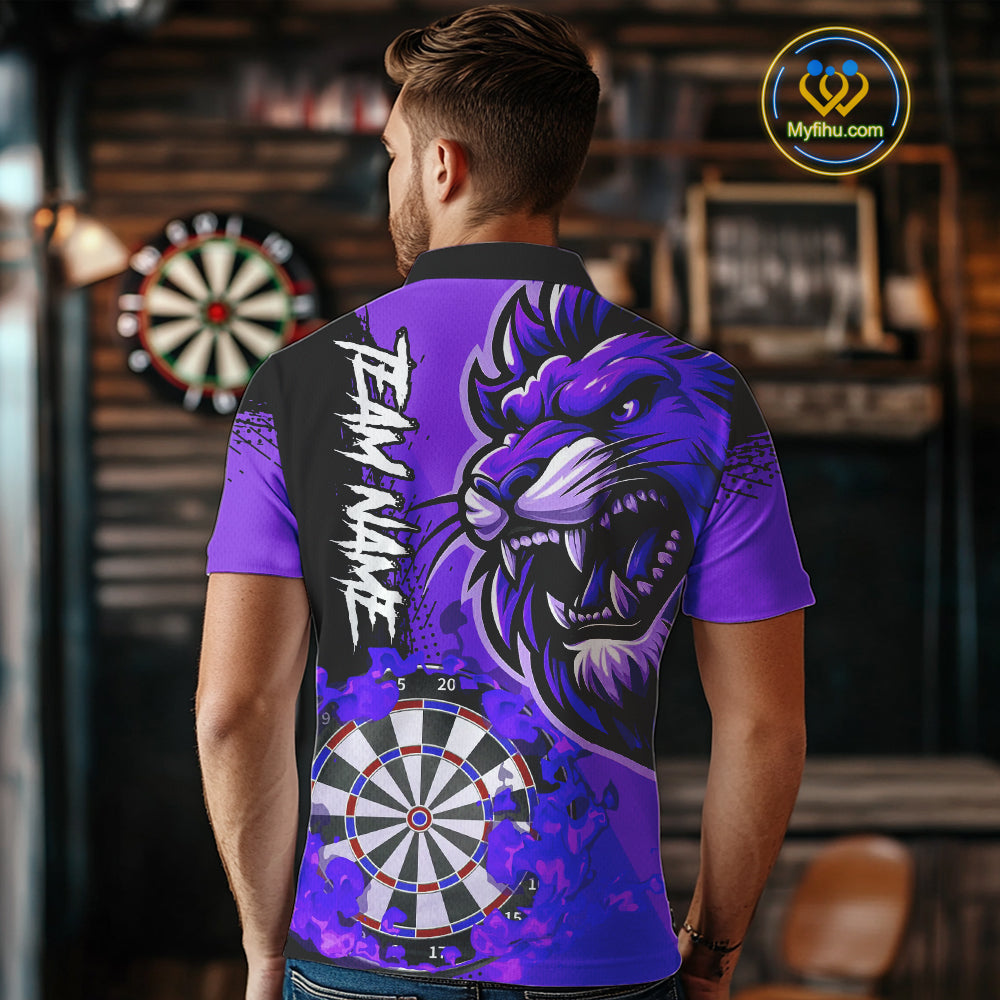 Purple Funny Darts Flame Lion Custom Polo & Quarter-Zip, Personalized Men Dart Shirts Dart Jerseys TDM3973