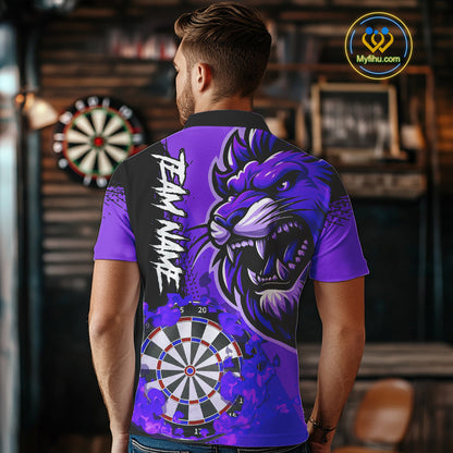 Purple Funny Darts Flame Lion Custom Polo & Quarter-Zip, Personalized Men Dart Shirts Dart Jerseys TDM3973