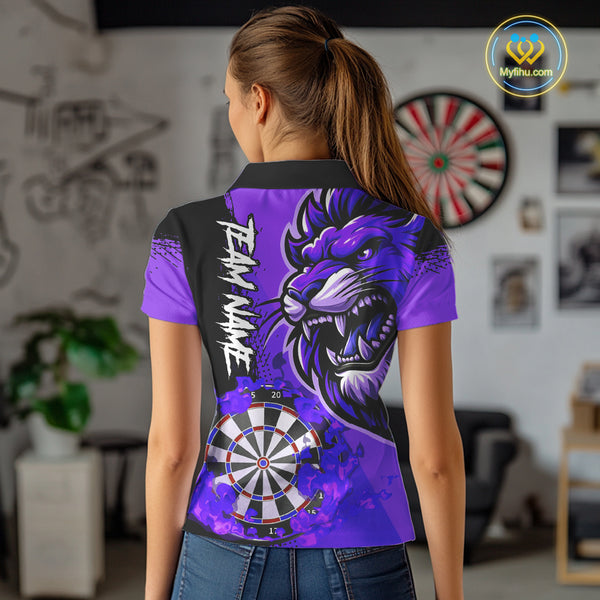 Purple Funny Darts Flame Lion Custom Polo & Quarter-Zip, Personalized Women Dart Shirts Dart Jerseys TDM3973