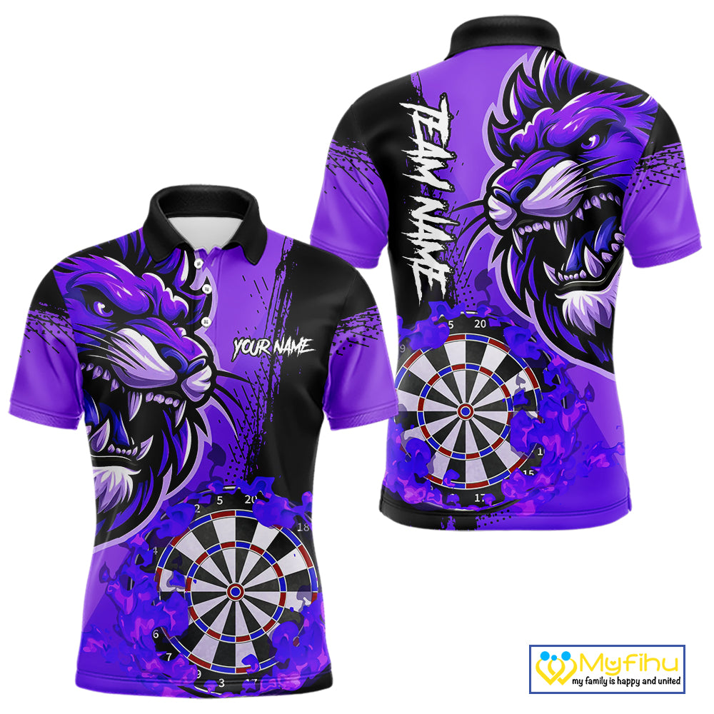 Purple Funny Darts Flame Lion Custom Polo & Quarter-Zip, Personalized Men Dart Shirts Dart Jerseys TDM3973