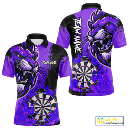 Purple Funny Darts Flame Lion Custom Polo & Quarter-Zip, Personalized Men Dart Shirts Dart Jerseys TDM3973