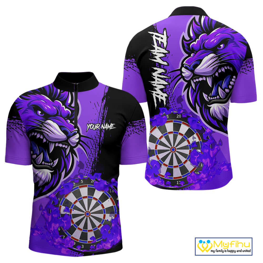 Purple Funny Darts Flame Lion Custom Polo & Quarter-Zip, Personalized Men Dart Shirts Dart Jerseys TDM3973