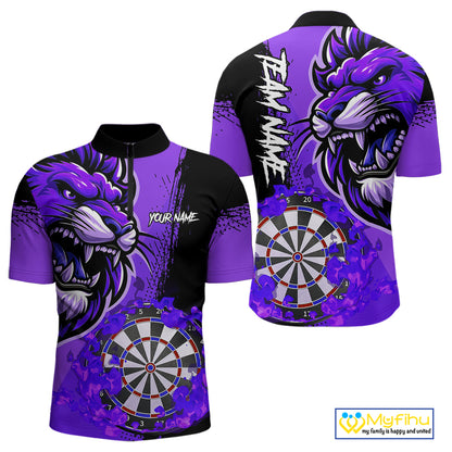 Purple Funny Darts Flame Lion Custom Polo & Quarter-Zip, Personalized Men Dart Shirts Dart Jerseys TDM3973