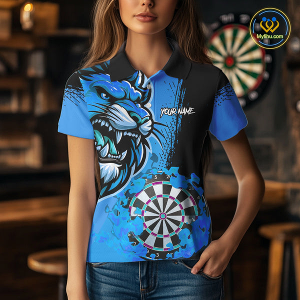 Blue Funny Darts Flame Lion Custom Polo & Quarter-Zip, Personalized Women Dart Shirts Dart Jerseys TDM3974