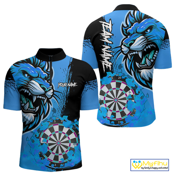 Blue Funny Darts Flame Lion Custom Polo & Quarter-Zip, Personalized Men Dart Shirts Dart Jerseys TDM3974