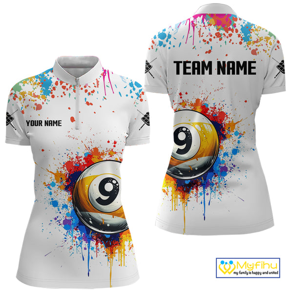 Funny 9 Ball Pool Colorful Paint Splash Custom Billiard Shirt For Women, Billiard Team Jersey|White TDM3977