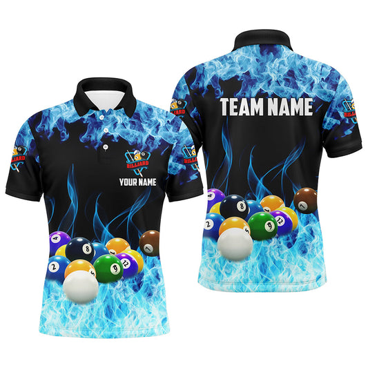 Billiard Balls On Blue Smoke Personalized Name Men's Billiard Shirts Custom Pool Game Polo Shirts TDM0355