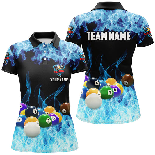 Billiard Balls On Blue Smoke Personalized Name Women's Billiard Shirts Custom Pool Game Polo Shirts TDM0355
