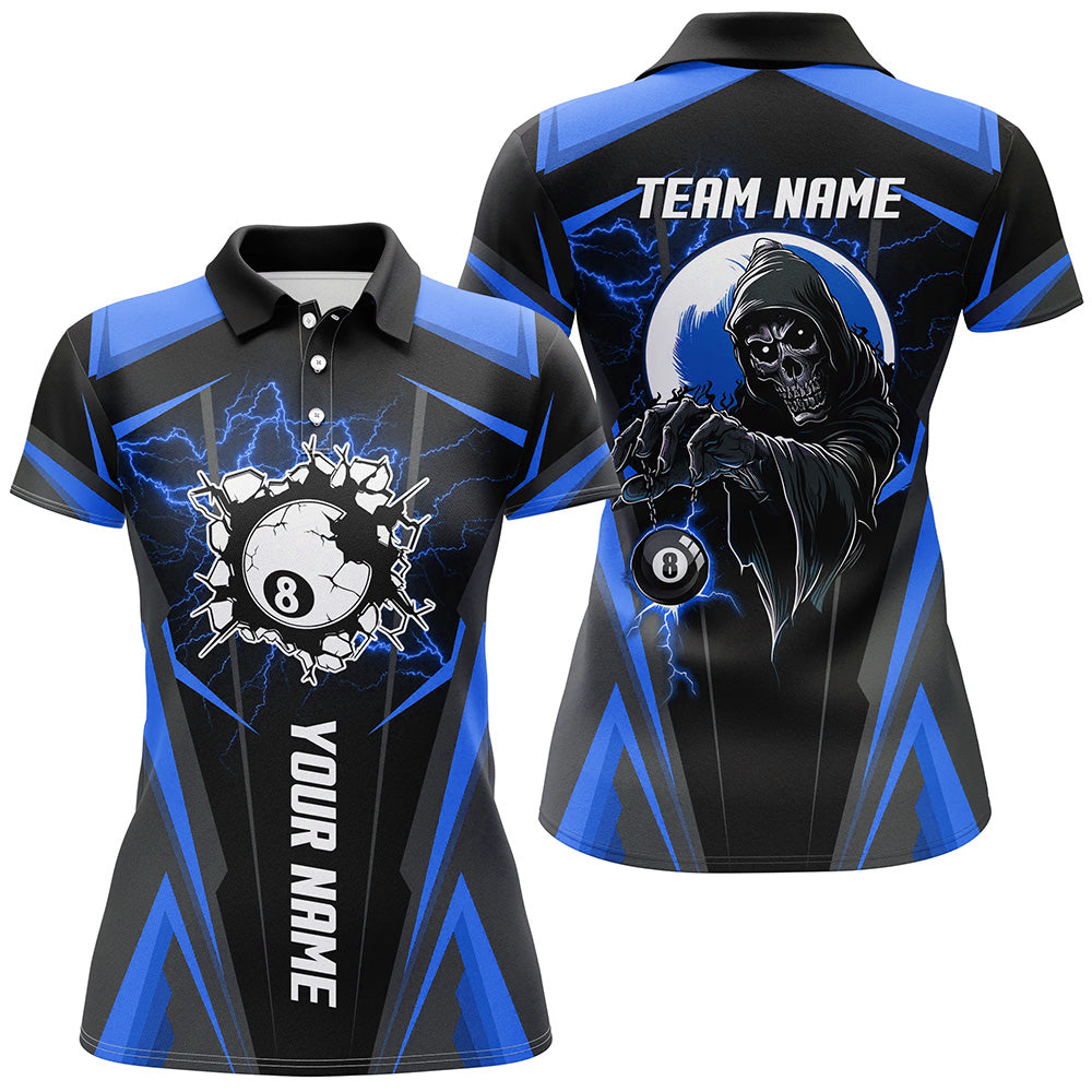 Personalized Blue Billiard Grim Reaper Women Polo Shirts, Custom Team League Billiard Jerseys Shirts TDM1111