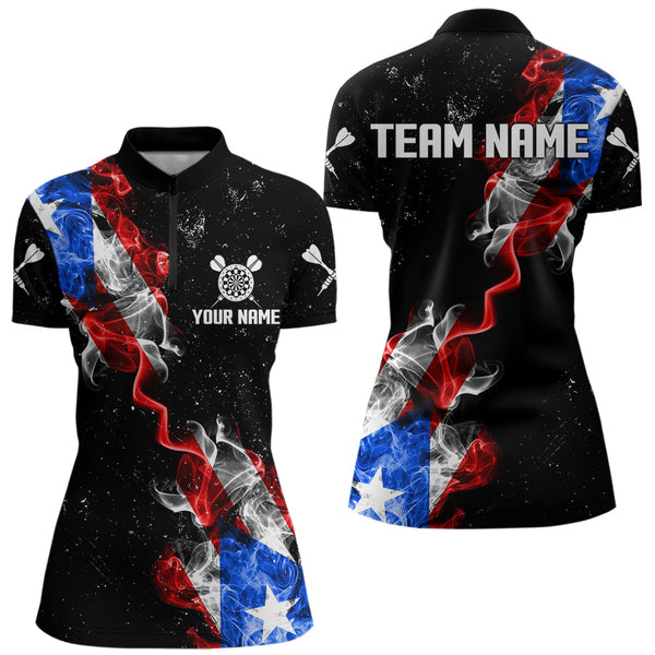 Customized Grunge Puerto Rico Flag Smoke Darts Polo & 1/4 Zip, Patriotic Darts Jerseys For Women TDM2497