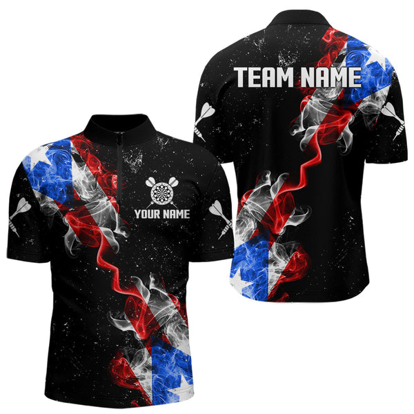 Customized Grunge Puerto Rico Flag Smoke Darts Polo & 1/4 Zip, Patriotic Darts Jerseys For Men TDM2497