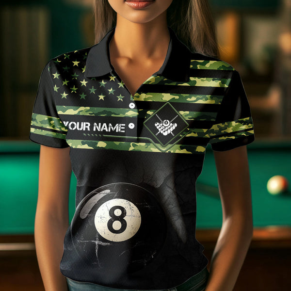 Customized Retro 8 Ball Pool Green Camo US Flag Billiard Shirts For Women, Patriotic Billiard Jerseys TDM3566