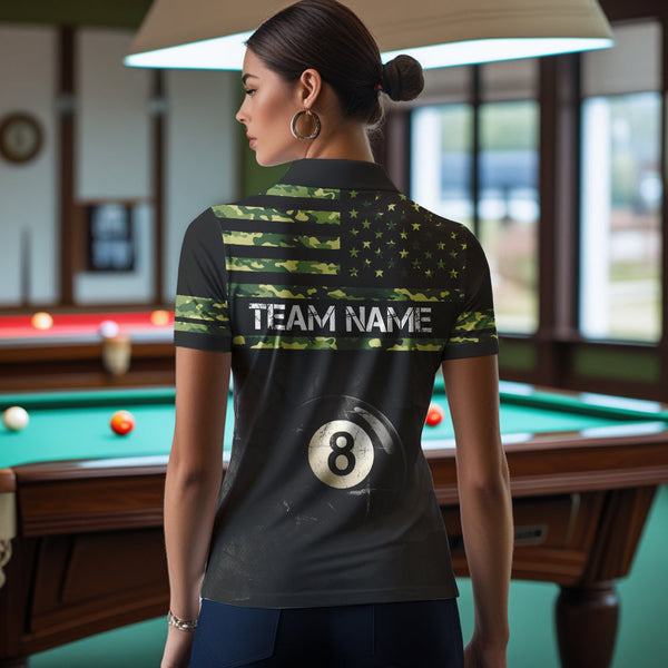 Customized Retro 8 Ball Pool Green Camo US Flag Billiard Shirts For Women, Patriotic Billiard Jerseys TDM3566