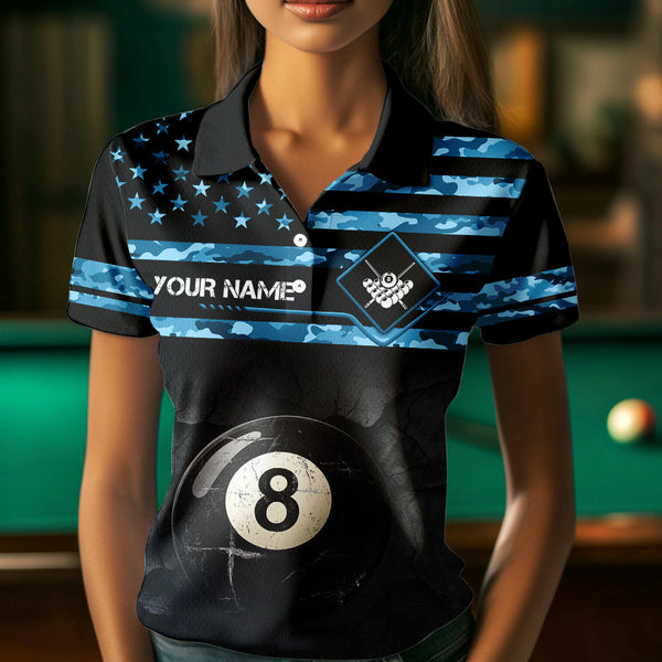 Customized Retro 8 Ball Pool Blue Camo US Flag Billiard Shirts For Women, Patriotic Billiard Jersey TDM3567