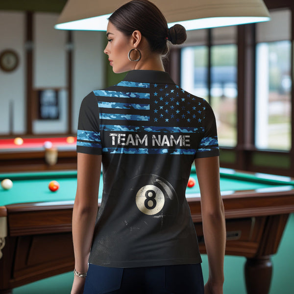 Customized Retro 8 Ball Pool Blue Camo US Flag Billiard Shirts For Women, Patriotic Billiard Jersey TDM3567