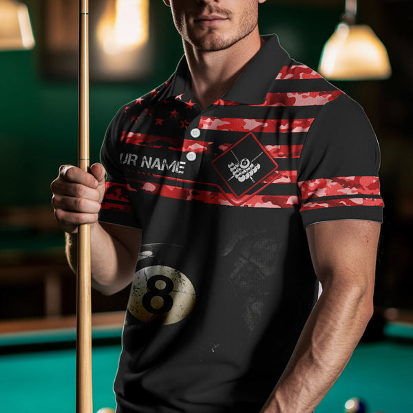 Customized Retro 8 Ball Pool Red Camo US Flag Billiard Shirts For Men, Patriotic Billiard Jerseys TDM3568