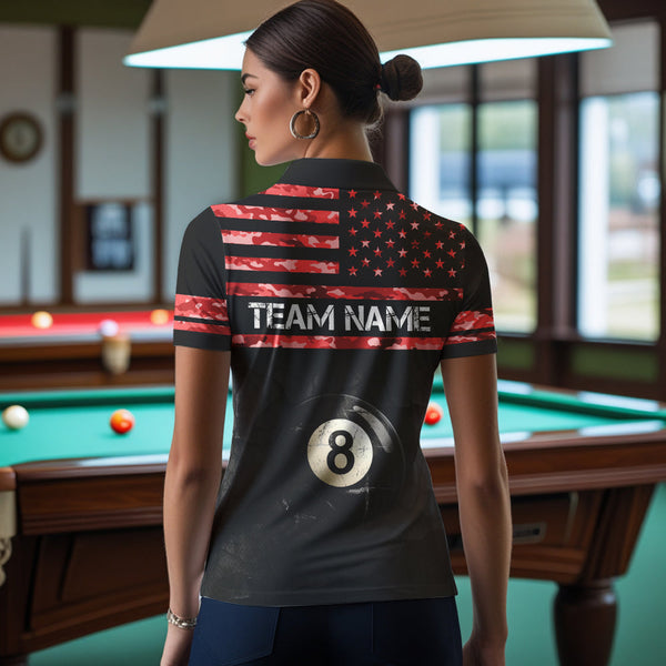 Customized Retro 8 Ball Pool Red Camo US Flag Billiard Shirts For Women, Patriotic Billiard Jerseys TDM3568