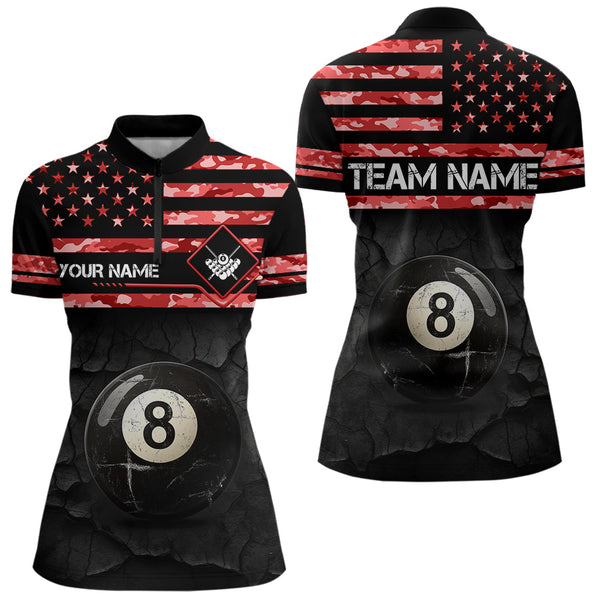 Customized Retro 8 Ball Pool Red Camo US Flag Billiard Shirts For Women, Patriotic Billiard Jerseys TDM3568