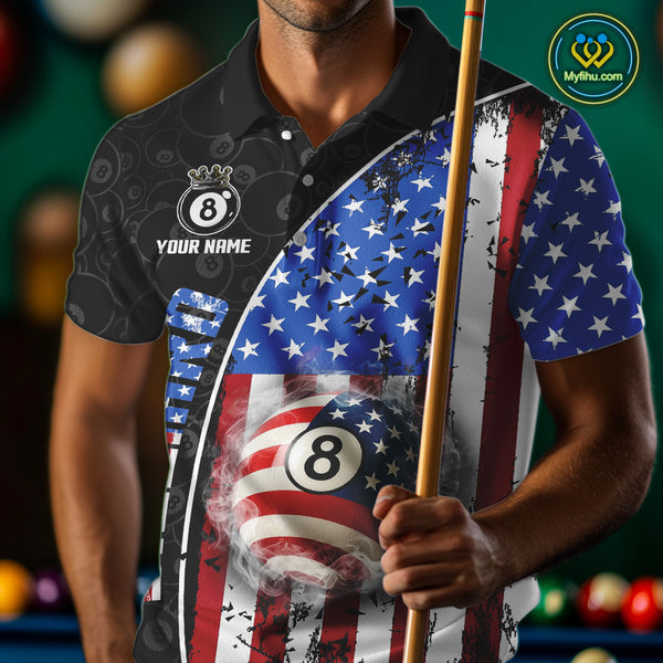 American Flag 8 Ball Smoke Billiard Shirts For Men Custom Patriotic Pool Team Jerseys TDM3997