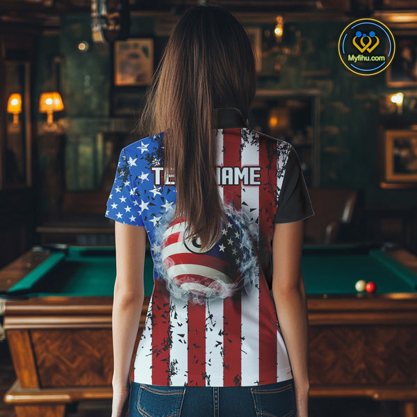 American Flag 8 Ball Smoke Billiard Shirts For Women Custom Patriotic Pool Team Jerseys TDM3997