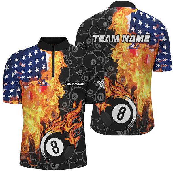 American Flag Fire Flame 8 Ball Billiard Shirts For Men Customized Patriotic Billiard Pool Jerseys TDM2023