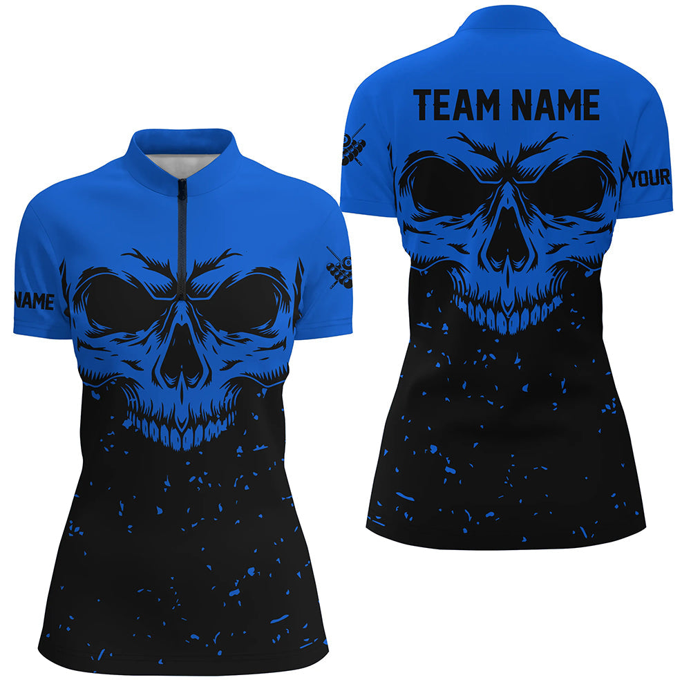 Custom Grunge Black Blue Skull Billiard Women Quarter-Zip Shirt, Billiards Apparel Clothing TDM0734