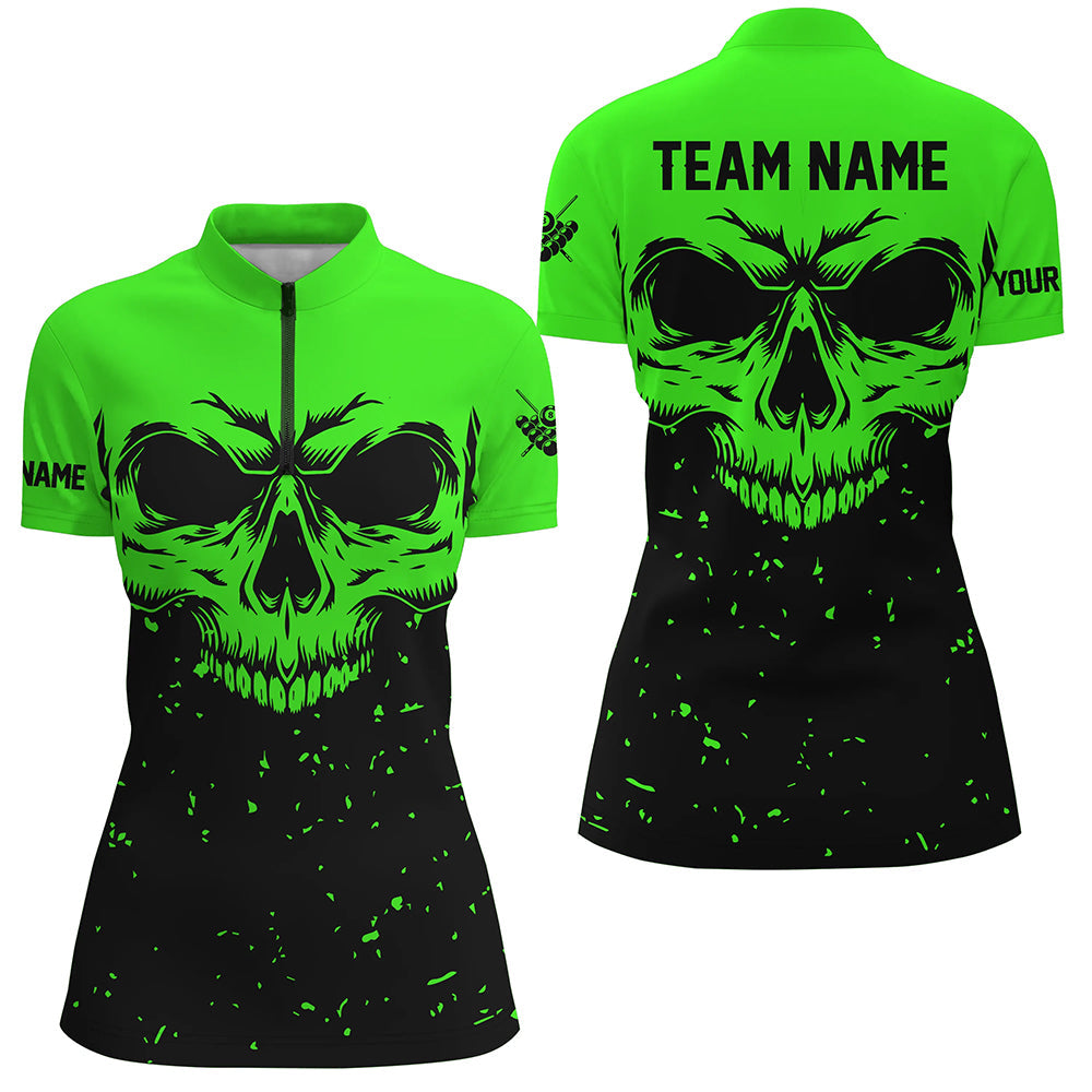 Custom Grunge Black Green Skull Billiard Women Quarter-Zip Shirts Billiards Apparel Clothing TDM0735