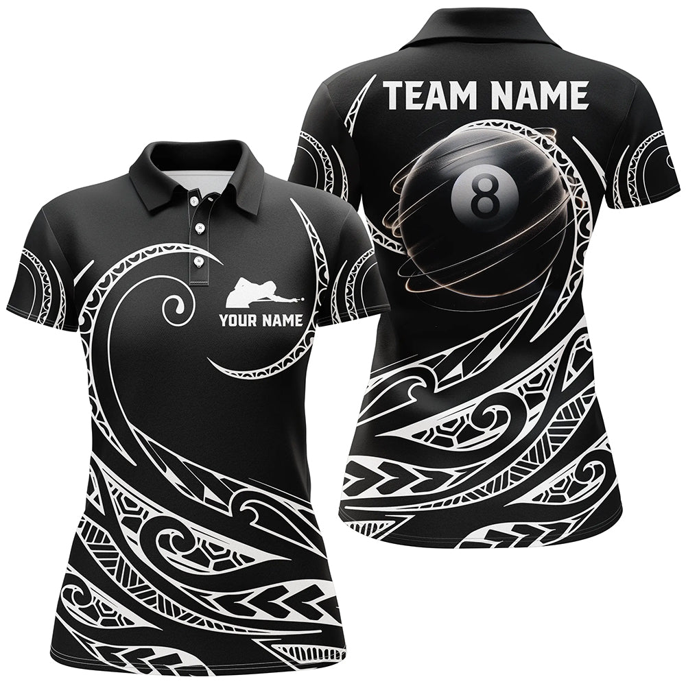 Personalized Black White 8 Ball Pool Tribal Pattern Women Polo