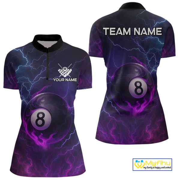Personalized 3D Purple Billiard Jerseys For Women, Lightning 8 Ball Pool Billiard Team Shirts TDM4010