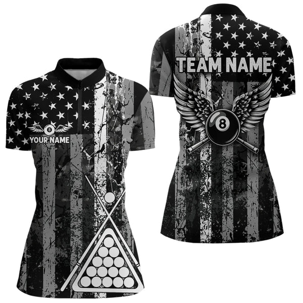 Black White 8 Ball Wings Grunge US Flag Patriotic Billiard Shirts For Women Custom Billiard Jerseys TDM3572