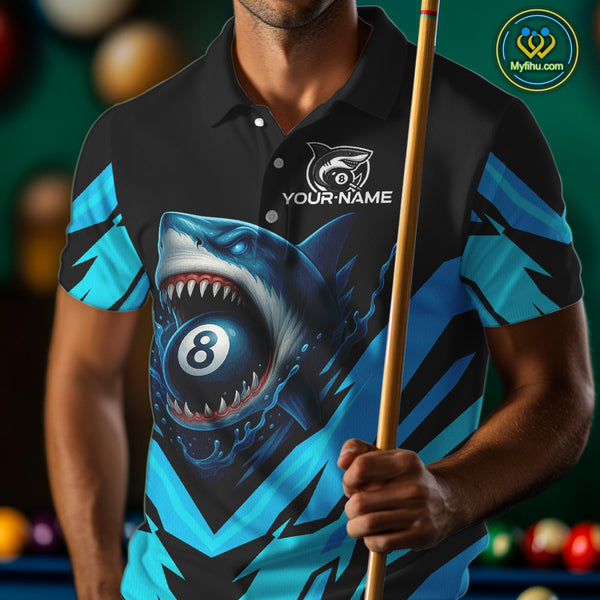 Personalized Blue 8 Ball Pool Billiard Shark Polo & 1/4 Zip For Men, Billiard Team Pool Jerseys TDM4013