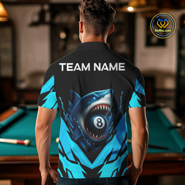 Personalized Blue 8 Ball Pool Billiard Shark Polo & 1/4 Zip For Men, Billiard Team Pool Jerseys TDM4013