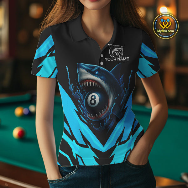 Personalized Blue 8 Ball Pool Billiard Shark Polo & 1/4 Zip For Women, Billiard Team Pool Jerseys TDM4013