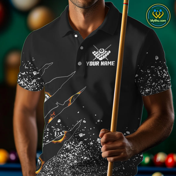 Custom 8 Ball Fire Black Grunge Billiard Shirts For Men, Billiard Team Shirts Pool Jerseys TDM4015