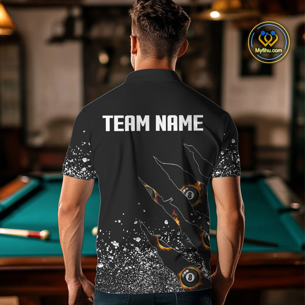 Custom 8 Ball Fire Black Grunge Billiard Shirts For Men, Billiard Team Shirts Pool Jerseys TDM4015