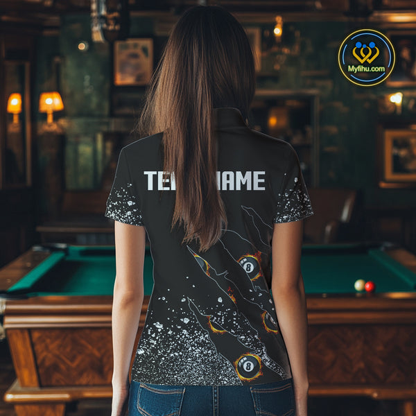 Custom 8 Ball Fire Black Grunge Billiard Shirts For Women, Billiard Team Shirts Pool Jerseys TDM4015