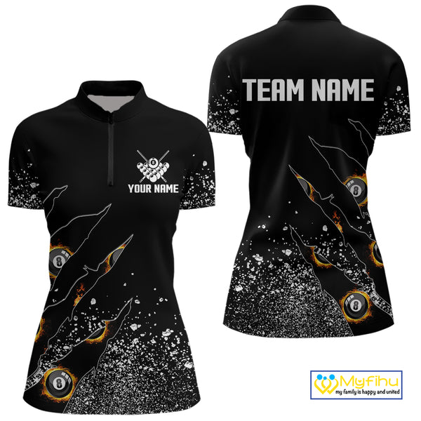 Custom 8 Ball Fire Black Grunge Billiard Shirts For Women, Billiard Team Shirts Pool Jerseys TDM4015