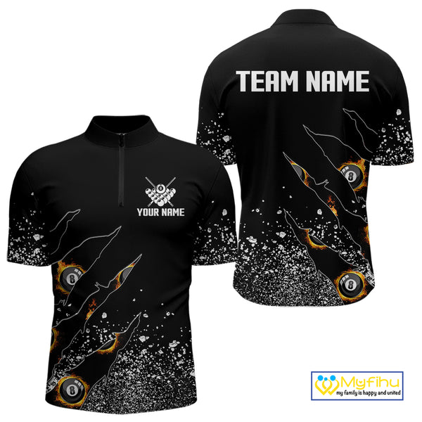 Custom 8 Ball Fire Black Grunge Billiard Shirts For Men, Billiard Team Shirts Pool Jerseys TDM4015
