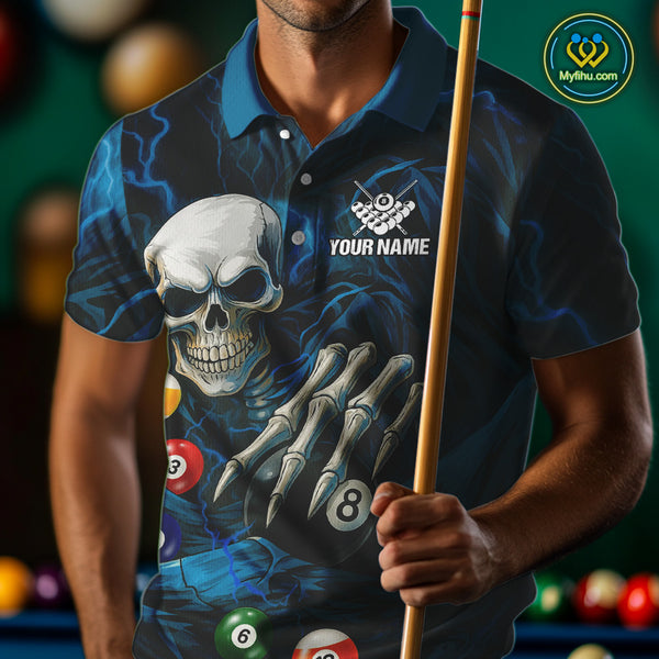 Personalized Blue Funny Skeleton Pool Balls Billiard Shirt For Men, Skull Billiard Team Jerseys TDM4368